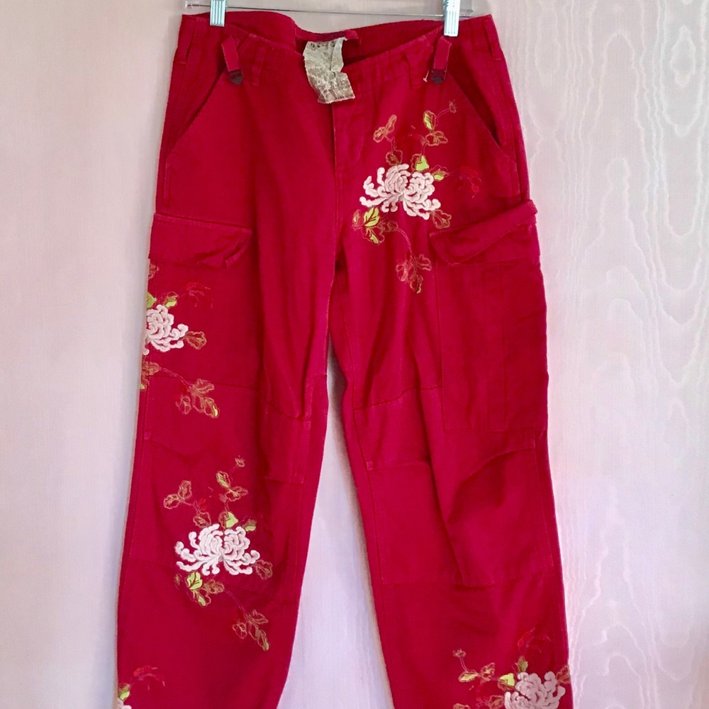 Cherry Red EmbroideredCargo Pants
